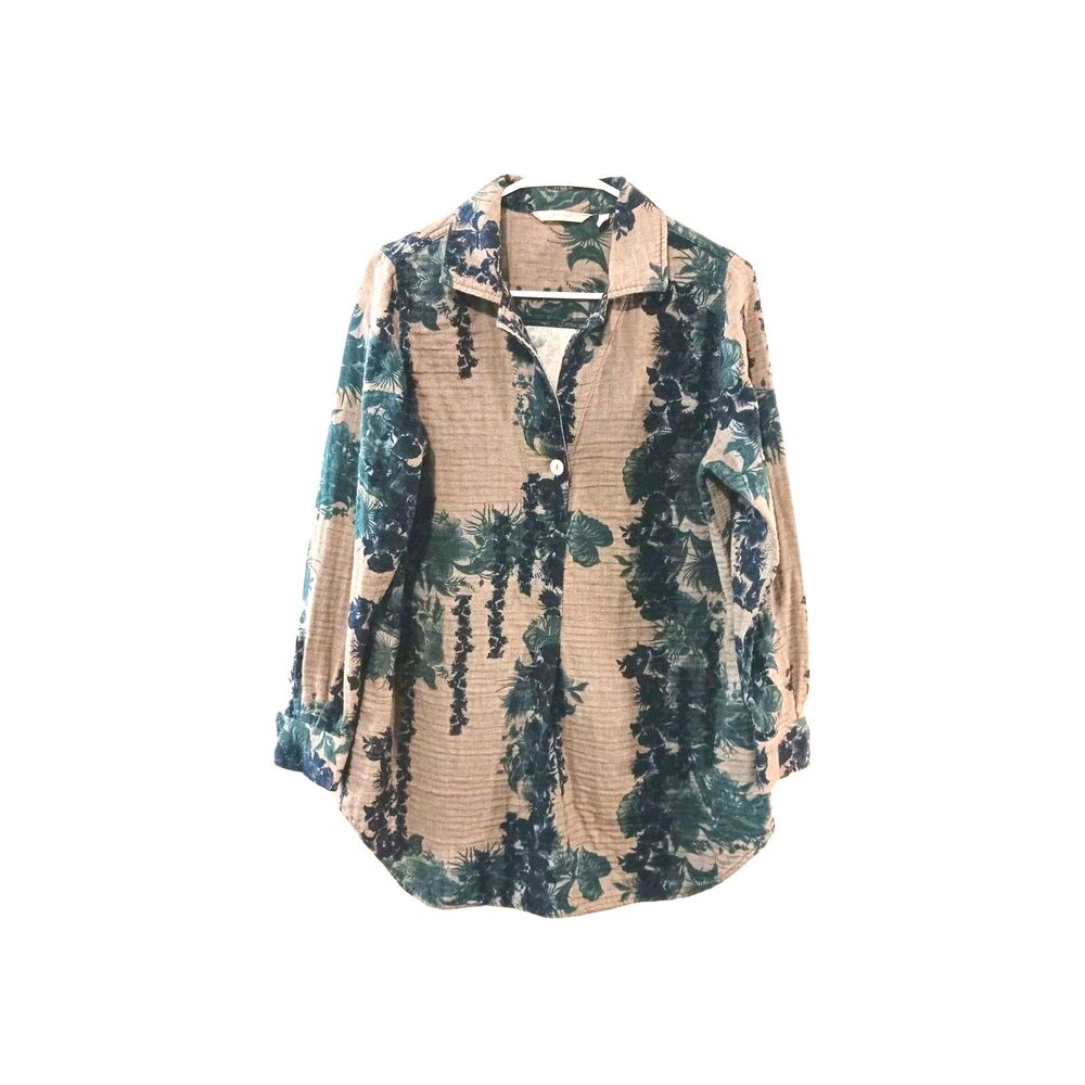 Soft Surroundings Green Brown Tropical Floral Cotton Tunic Shirt Blouse M